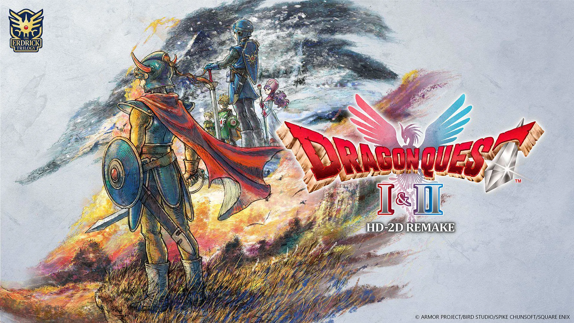 A promotional image for Dragon Quest I & II HD-2D Remake, featuring fantasy heroes in a classic RPG style.